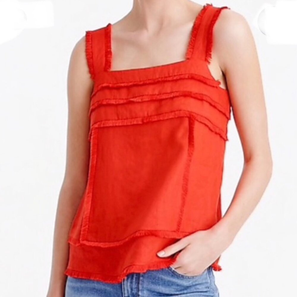 J Crew Linen Red Fringe Trim Sleeveless Tank Top Blouse Women's size 0P